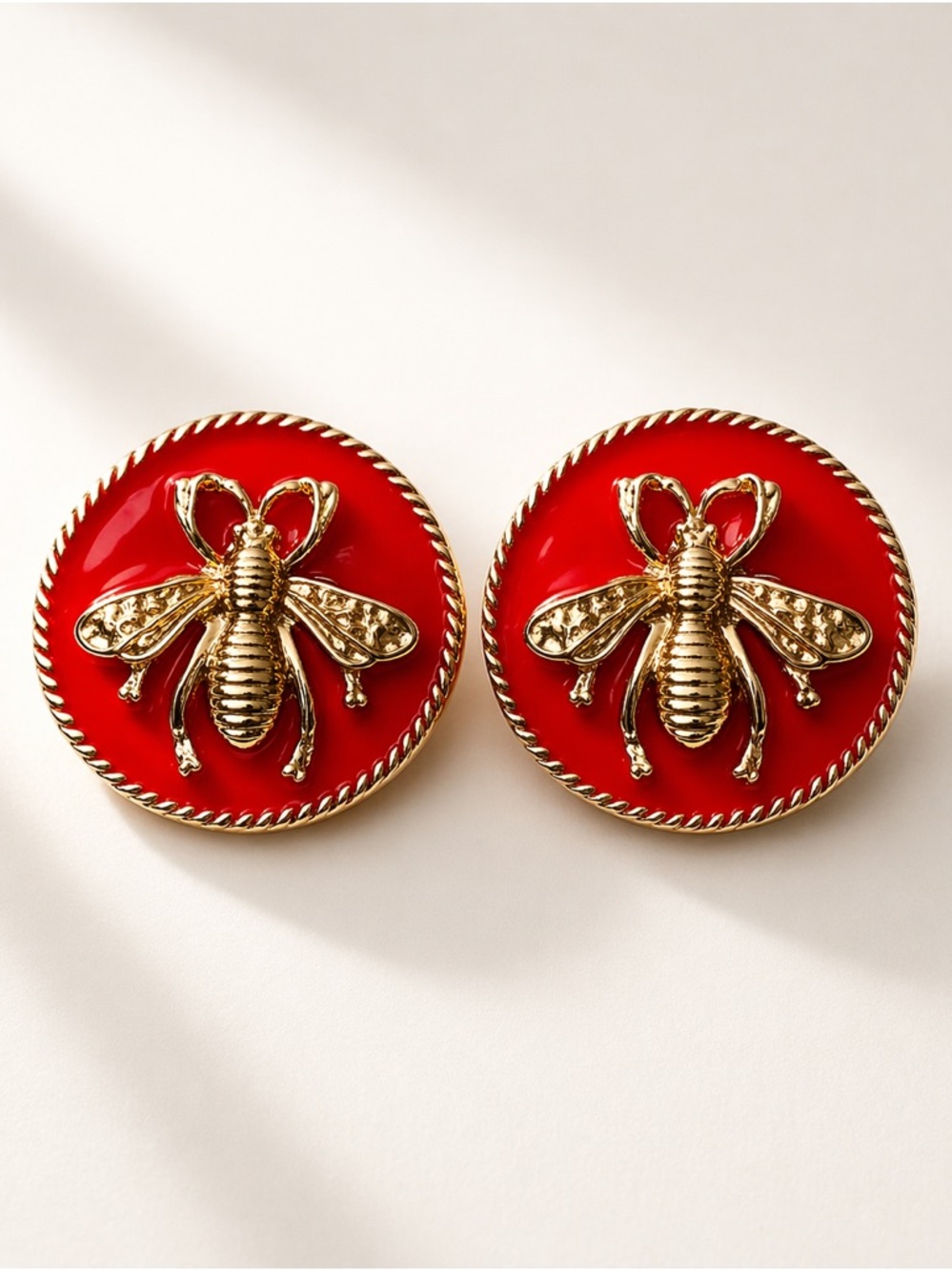 Gold Bee Red Enamel Button Earrings Stainless Steel